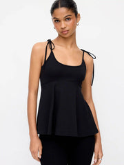 Cotton-blend Square Neck Babydoll Tie-Shoulder Flared Crop Top