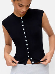 Knit Round Neck Button Front Top