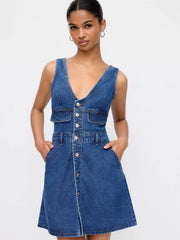 Cider Denim V-Neck Metal Detail Oversized A-line Mini Dress