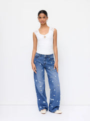 Denim Embroidery Ditsy Floral High Rise Wide Leg Jeans