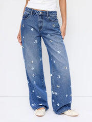 Denim Embroidery Ditsy Floral High Rise Wide Leg Jeans