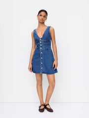 Cider Denim V-Neck Metal Detail Oversized A-line Mini Dress