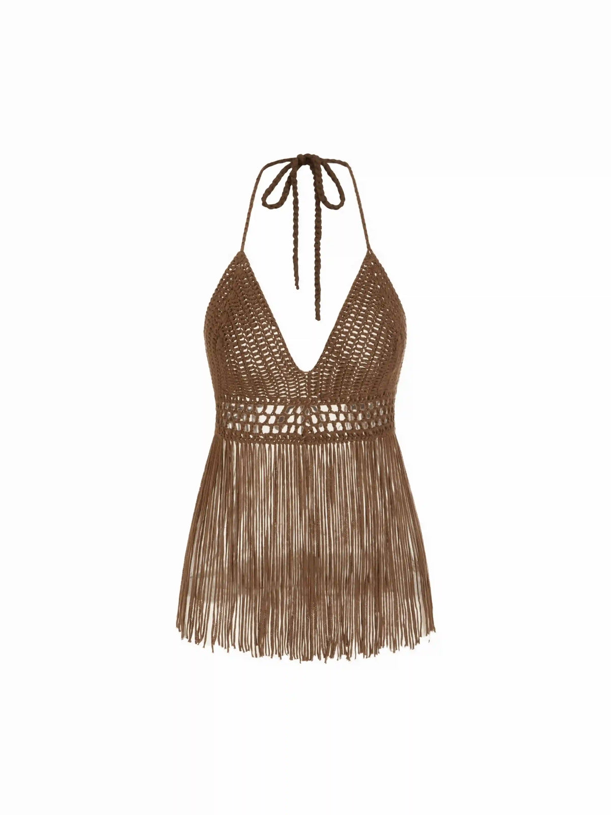 Knit Halter Neckline Hollow Out Crochet Fringe Trim Cover Up Skirt