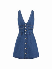 Cider Denim V-Neck Metal Detail Oversized A-line Mini Dress