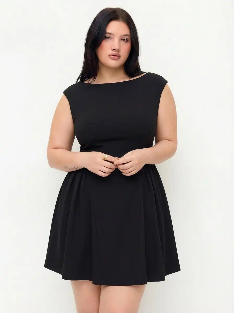 Boat Neck Flared Mini Dress Curve & Plus