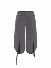 Washed Denim Low Rise Drawstring Hem Pleated Oversized Jogger Bermuda Jorts