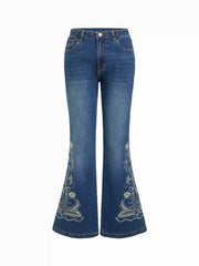 Stretch Denim Floral Embroidery High Rise Flared Trousers