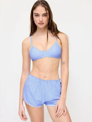 V-neck Stripe Lace Trim Bracelet Bikini Set With Cover Up Shorts