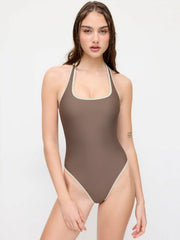 High Stretch Halter Neck Contrast Trim One-piece Swimsuit