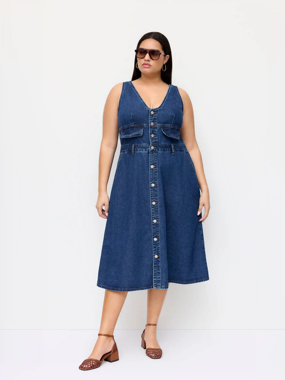Cider Denim V-neck Button Knotted A-line Midi Dress Curve & Plus