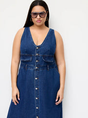 Cider Denim V-neck Button Knotted A-line Midi Dress Curve & Plus