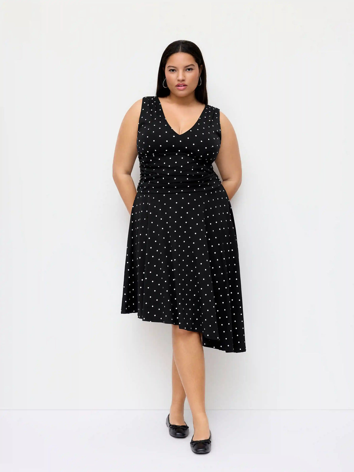 Cotton Polka Dot Asymmetrical Ruched Hem Midi Dress Curve & Plus