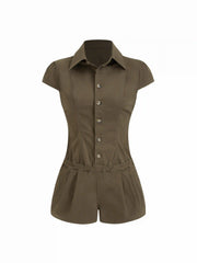 Denim Stand Collar Ruched Mid Rise Regular Romper