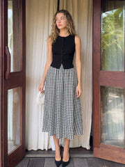 Cotton Button Top & Gingham A-line Maxi Skirt Set