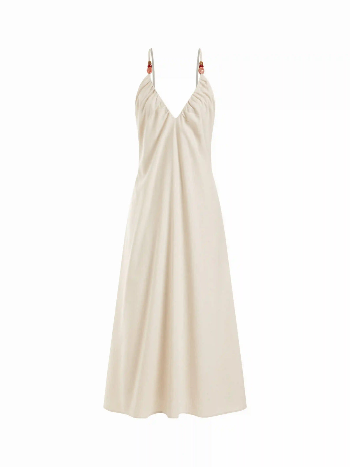 Linen-blend V-neck Ruched Flared Maxi Dress