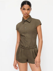 Denim Stand Collar Ruched Mid Rise Regular Romper