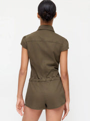 Denim Stand Collar Ruched Mid Rise Regular Romper
