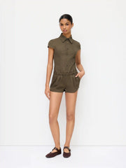 Denim Stand Collar Ruched Mid Rise Regular Romper