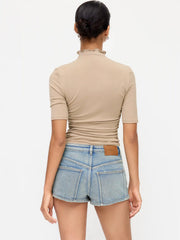 Washed Denim Mid Rise Slim Metal button Ultra Shorts