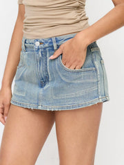 Washed Denim Mid Rise Slim Metal button Ultra Shorts