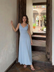 High Stretch V-neck Knotted Flared Maxi Dress