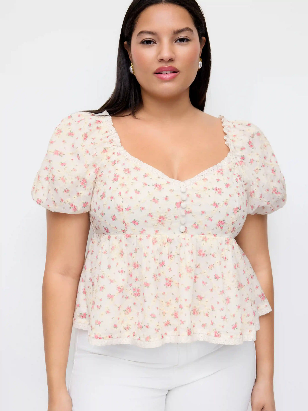 Cotton-blend Floral Sweetheart Lace Trim Puff Sleeve Cropped Blouse Curve & Plus