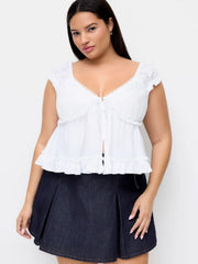 Cotton-blend V-neck Broderie Anglaise Ruffle Hem Blouse