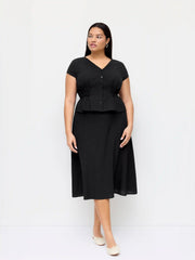 Cotton V-Neck Button Front Peplum Top & Mid Rise A-line Maxi Skirt Set Curve & Plus