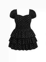 Cotton-blend Sweetheart Puff Sleeve Ruched Tiered Mini Dress Curve & Plus