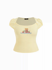Cotton-blend Fruit Embroidery Bowknot Short Sleeve Tee Curve & Plus