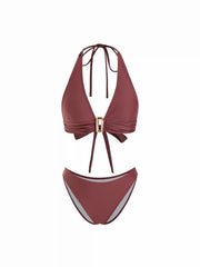 Halter Neckline Ruched Metal Detail Bikini Set