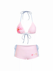 Floral Halter Neckline Tie Side Triangle Bikini Set With Cover Up Shorts