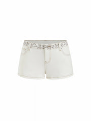 Washed Stretch Denim Low Rise Embroidery Detail Shorts