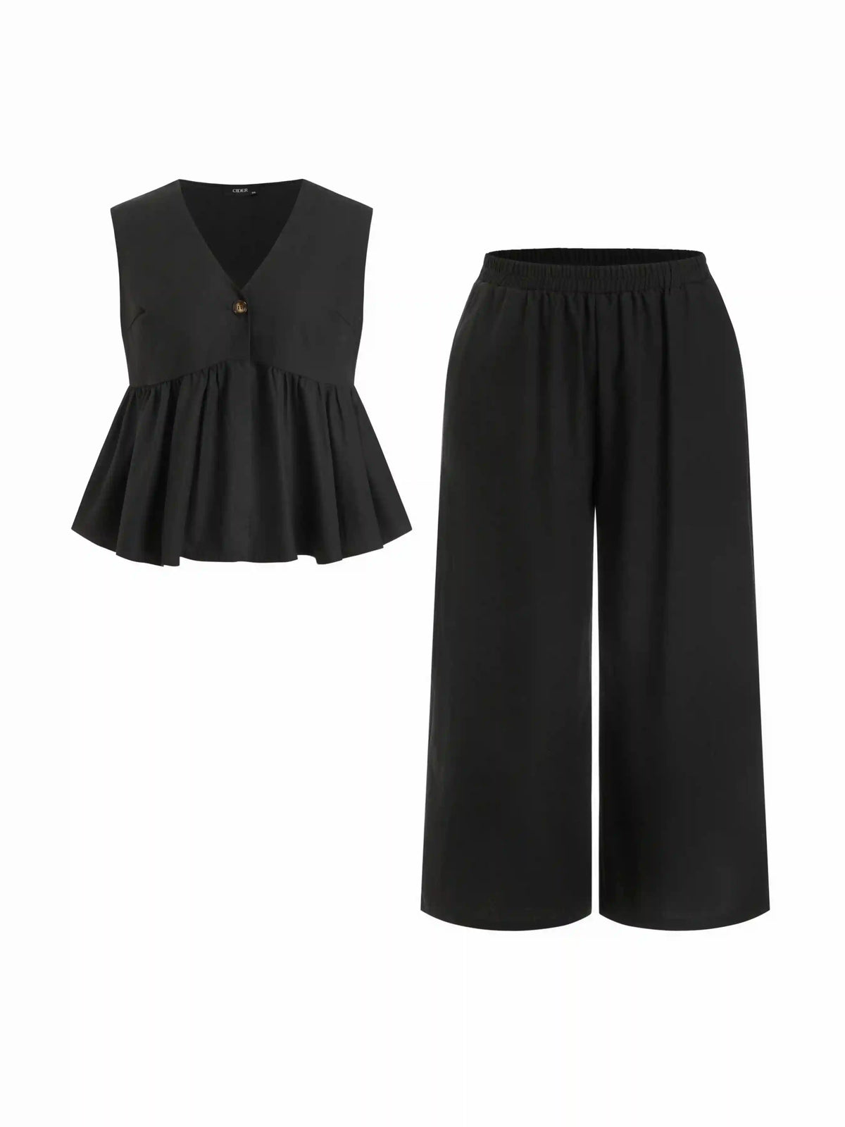 Linen-blend V-neck Ruched Peplum Top & Mid Rise Wide Leg Trousers Set Curve & Plus
