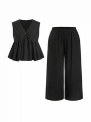 Linen-blend V-neck Ruched Peplum Top & Mid Rise Wide Leg Trousers Set Curve & Plus