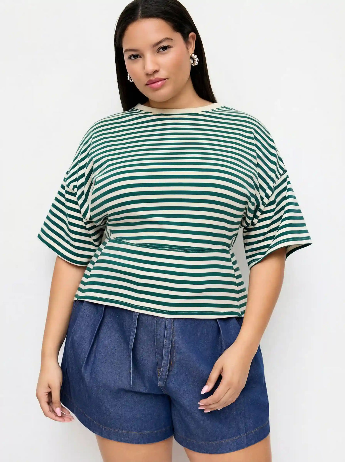 Cotton-blend Striped Short Sleeve Cinched Waist Tee Curve & Plus