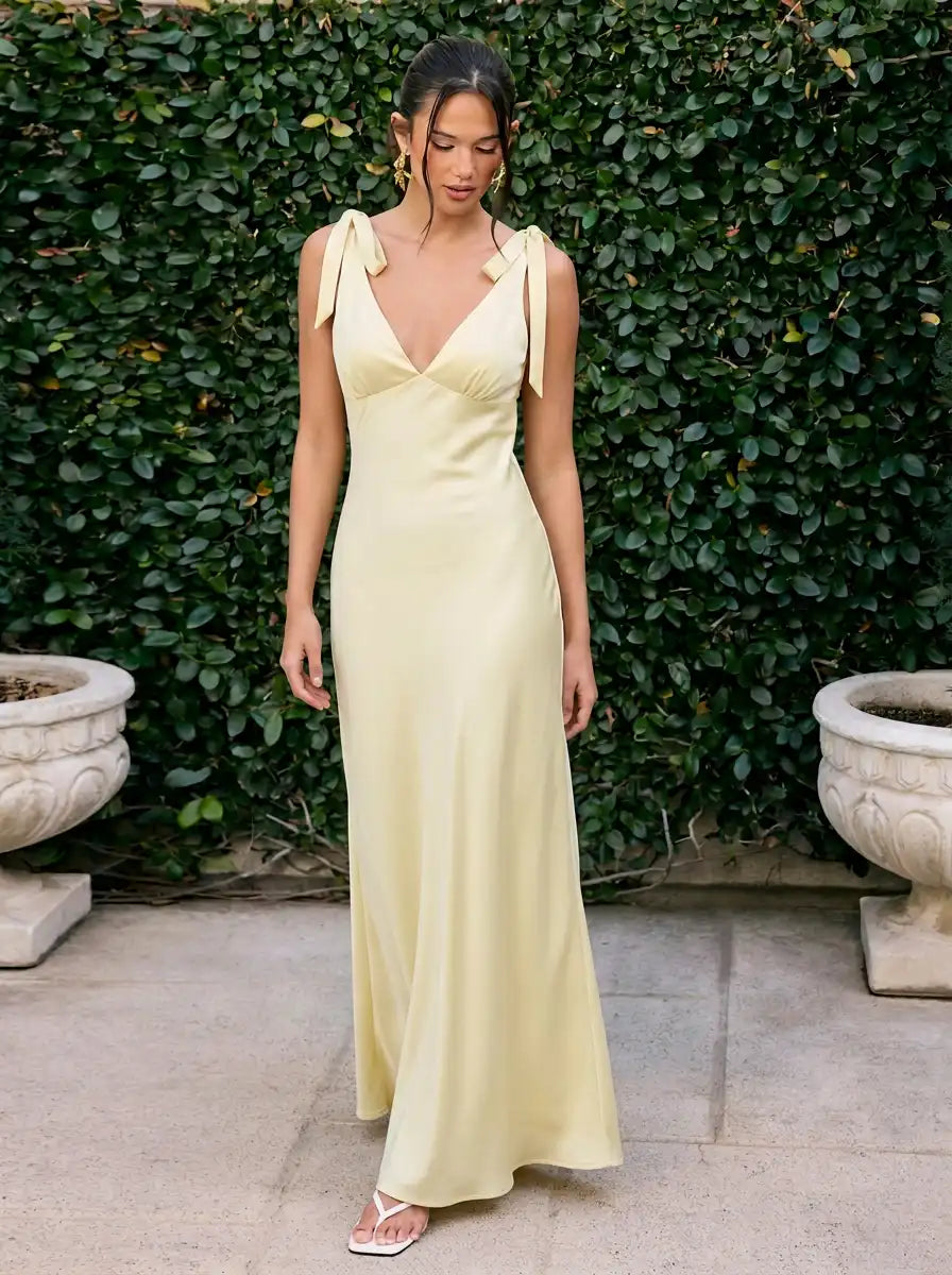 Satin V-neck Twist Knotted Flared Maxi Dress