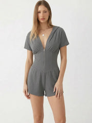 Textured V-neck Ruched Front Romper