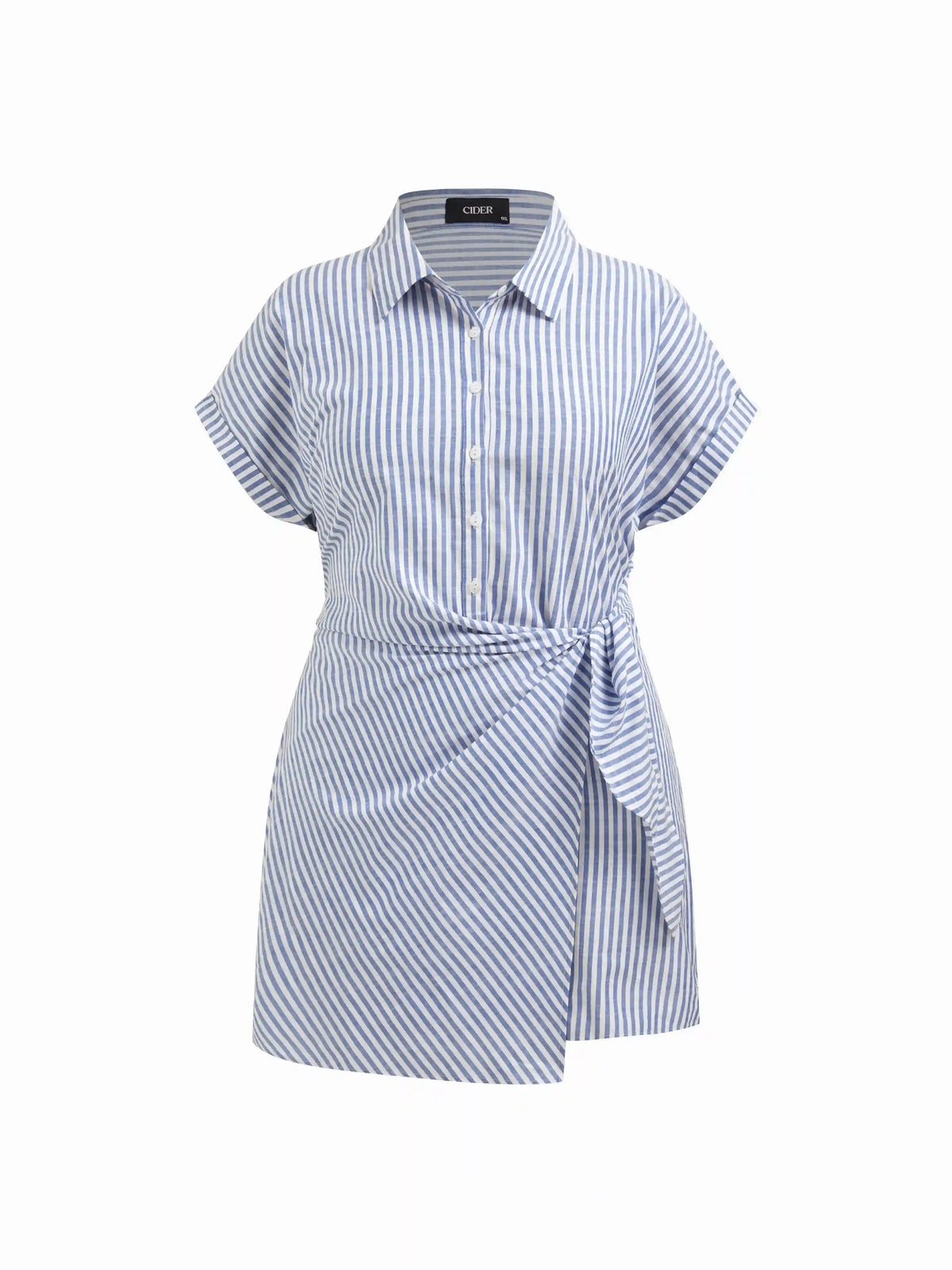 Cotton-blend Polo Collar Striped Draped Mini Dress Curve & Plus