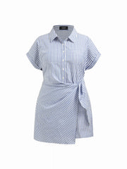 Cotton-blend Polo Collar Striped Draped Mini Dress Curve & Plus