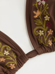 Halter Neckline Floral Embroidery Triangle Top & Mid Rise Full Coverage Bikini Set Curve & Plus