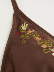 Halter Neckline Floral Embroidery Triangle Top & Mid Rise Full Coverage Bikini Set Curve & Plus