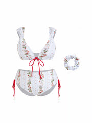 Strawberry Floral V-Neck Tie Front Bracelet Bikini Set With Scrunchie Curve & Plus