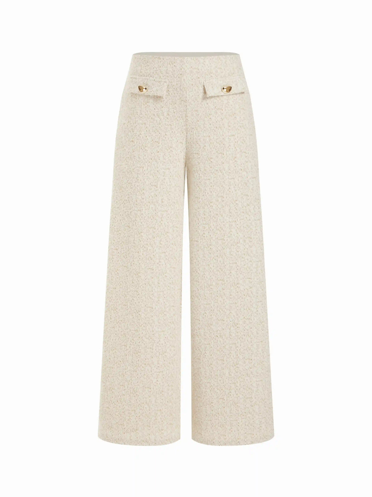 Cotton-blend Textured Mid Rise Wide Leg Trousers With Metal Detail