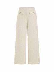 Cotton-blend Textured Mid Rise Wide Leg Trousers With Metal Detail