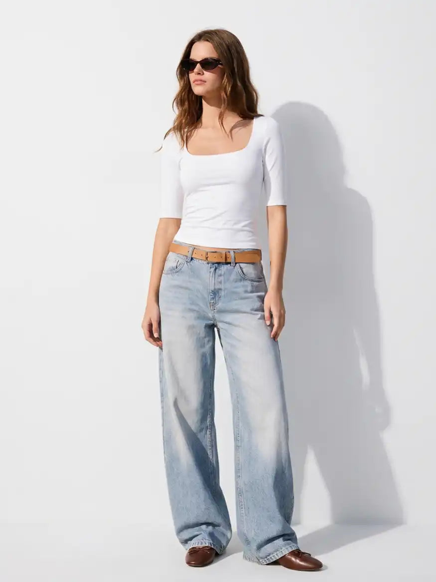 Cotton-blend Scoop Neckline Mid-length Sleeve Tee