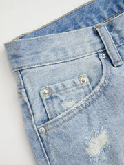 Washed Denim Low Rise Raw Hem Ripped Shorts