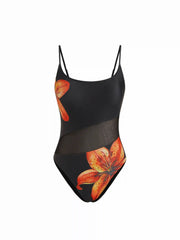 Floral High Stretch Square Neck Mesh Panel One Piece Swimsuit