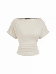 Wool-blend Boat Neck Ruched Short Sleeve Top
