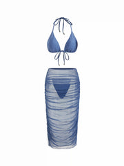 Halter Neckline Glitter Triangle Top & Ruched Tie Side Bottoms With Sheer Skirt 3 Piece Bikini Set